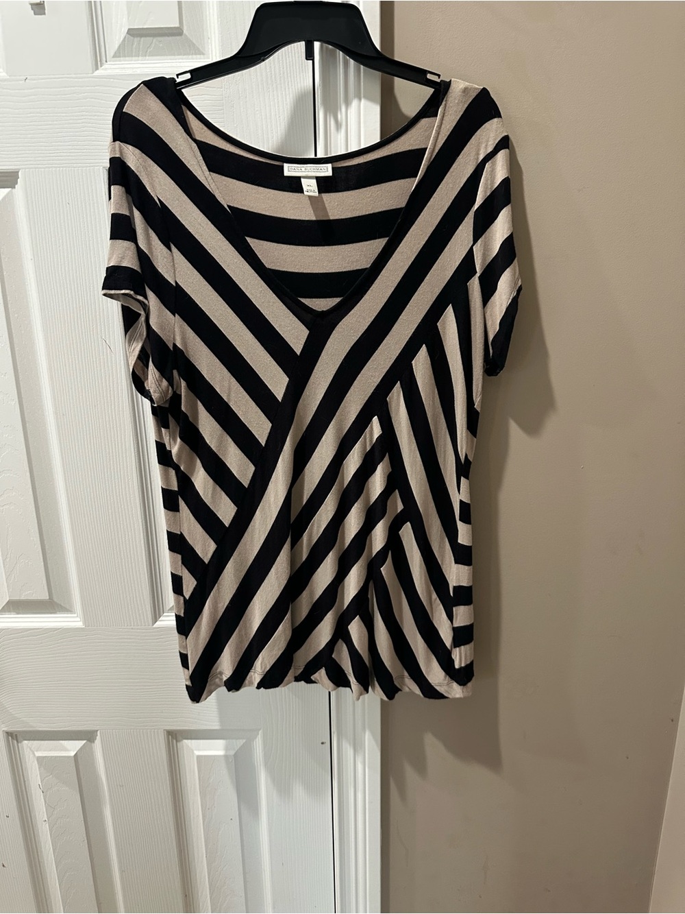Dana Buchman Black and Beige Striped V-Neck Women's Top